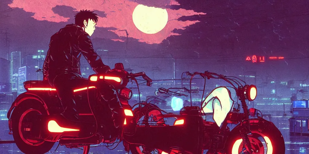 Image similar to twilight lighting, moody, atmospheric, solarpunk, kaneda and his motorcycle from akira, rainy, in the art style of neon genesis : evangelion, 8 0 s anime style, by ghibli studio and victor ngai, ghost in the shell art style, akira artstyle, pixar highly detailed, 8 k h 5 7 6