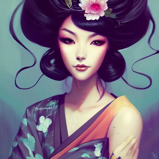 Image similar to a portrait of a beautiful geisha, art by lois van baarle and loish and ross tran and rossdraws and sam yang and samdoesarts and artgerm and saruei, digital art, highly detailed, intricate, sharp focus, Trending on Artstation HQ, deviantart, unreal engine 5, 4K UHD image