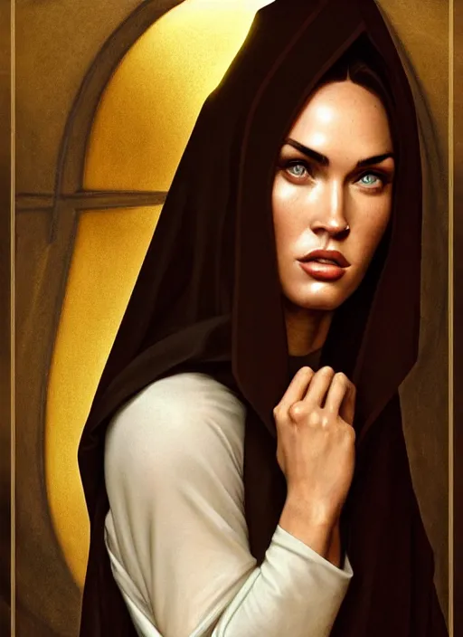 Image similar to portrait of megan fox as a sultry nun, catholic, church, bible, christian, intricate, headshot, highly detailed, digital painting, artstation, concept art, sharp focus, cinematic lighting, illustration, art by artgerm and greg rutkowski, alphonse mucha, cgsociety