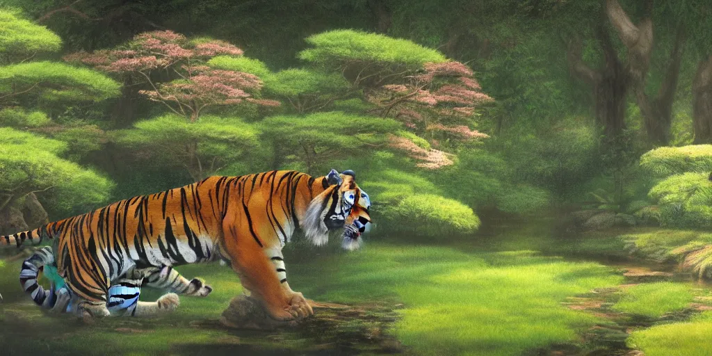 Image similar to a tiger in a Japanese garden, mist, cinematic lighting, detailed oil painting, hyperrealistic, 8k