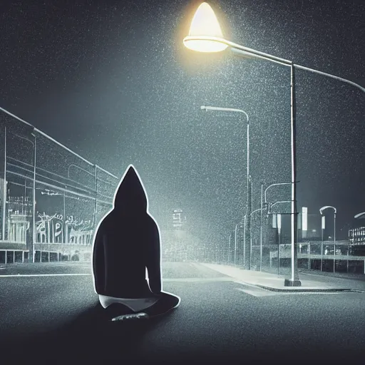 Image similar to anthropomorphic great white shark wearing a black hoodie and pants at night sitting alone underneath a single street light with a city of lights in the background, photorealistic, 8 k