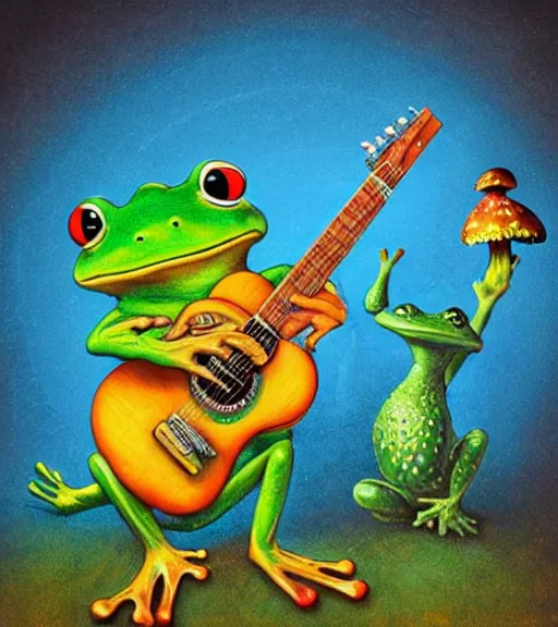 Image similar to a frog playing guitar on a hallucinogenic mushroom justin gerard