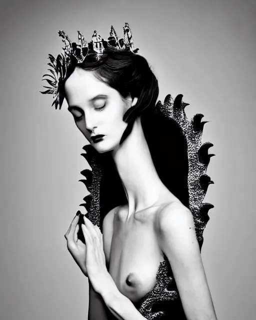 Image similar to a black and white high quality dreamy photo of a young beautiful female queen-pale dragon-vegetal-many flower-cyborg bust with a very long neck, elegant, highly detailed, poetic, soft, dreamy, mysterious, high fashion, rim light, in the style of Ellen von Unwerth, Realistic, Refined, Digital Art, Highly Detailed, Cinematic Lighting, rim light, black and white, photo-realistic, 8K