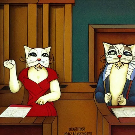 Prompt: Divine cat making a speech in the courtroom in front of the jury-anthropomorphic cats. Painting by Michele Angelo.