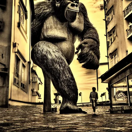 Image similar to king kong walking in funchal's city bay near the streets and sea, trampled, cinematic shot, realistic, hdr, color, wide shot, gigantic