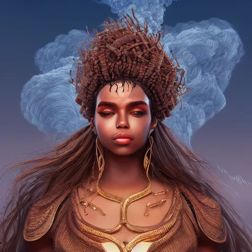 Image similar to a colossal goddess from above, creative, brown skin, giant, digital art, city, town, highly detailed, photo manipulation, up there, fire hair, digital painting, smoke, artstation
