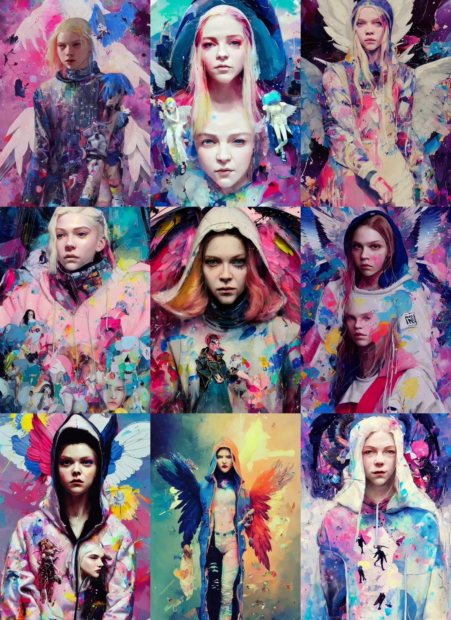 Prompt: hunter schafer in the style of martine johanna and greg rutkowski, wearing hoodie, madonna surrounded by angels, street fashion,!! haute couture!!, full figure painting by john berkey, david choe, ismail inceoglu, gorgeous features, detailed impasto brushwork