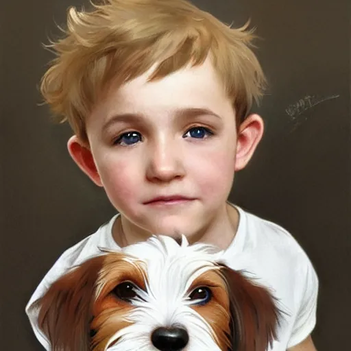 Prompt: a very cute mischievous three year old boy with short straight blonde hair with a very cute wire haired jack russell terrier puppy, white with brown patches over both eyes. detailed, high quality painting by artgerm and greg rutkowski and alphonse mucha