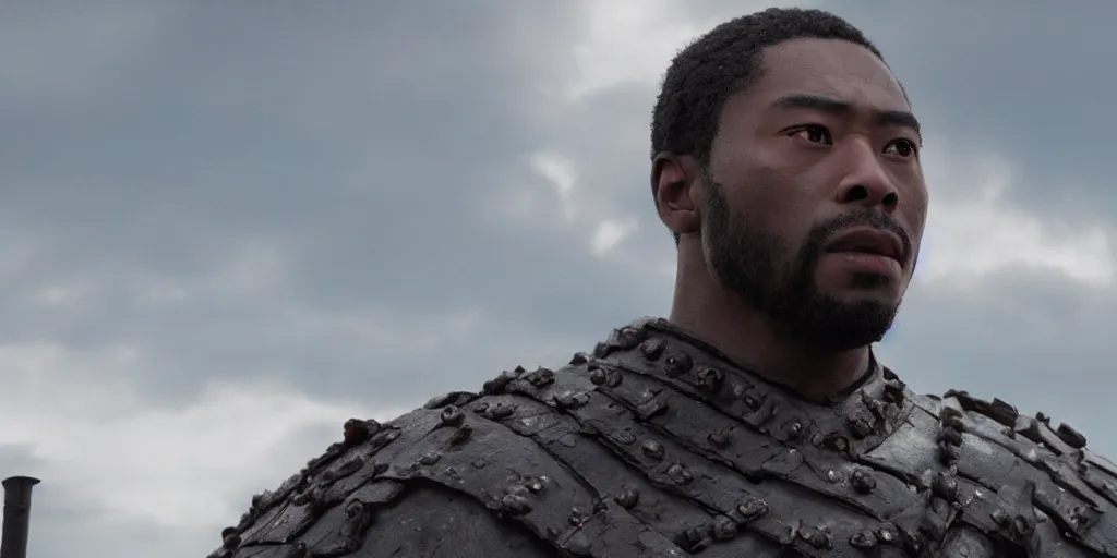 Image similar to a film still of a black man starring in a japanese blockbuster film as an ancient samurai, shallow depth of field, cinematic, award winning cgi, vfx, film still