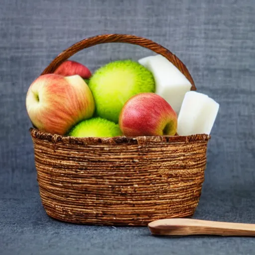 Image similar to a basket full of coconut, kiwi, apple and tooth brush