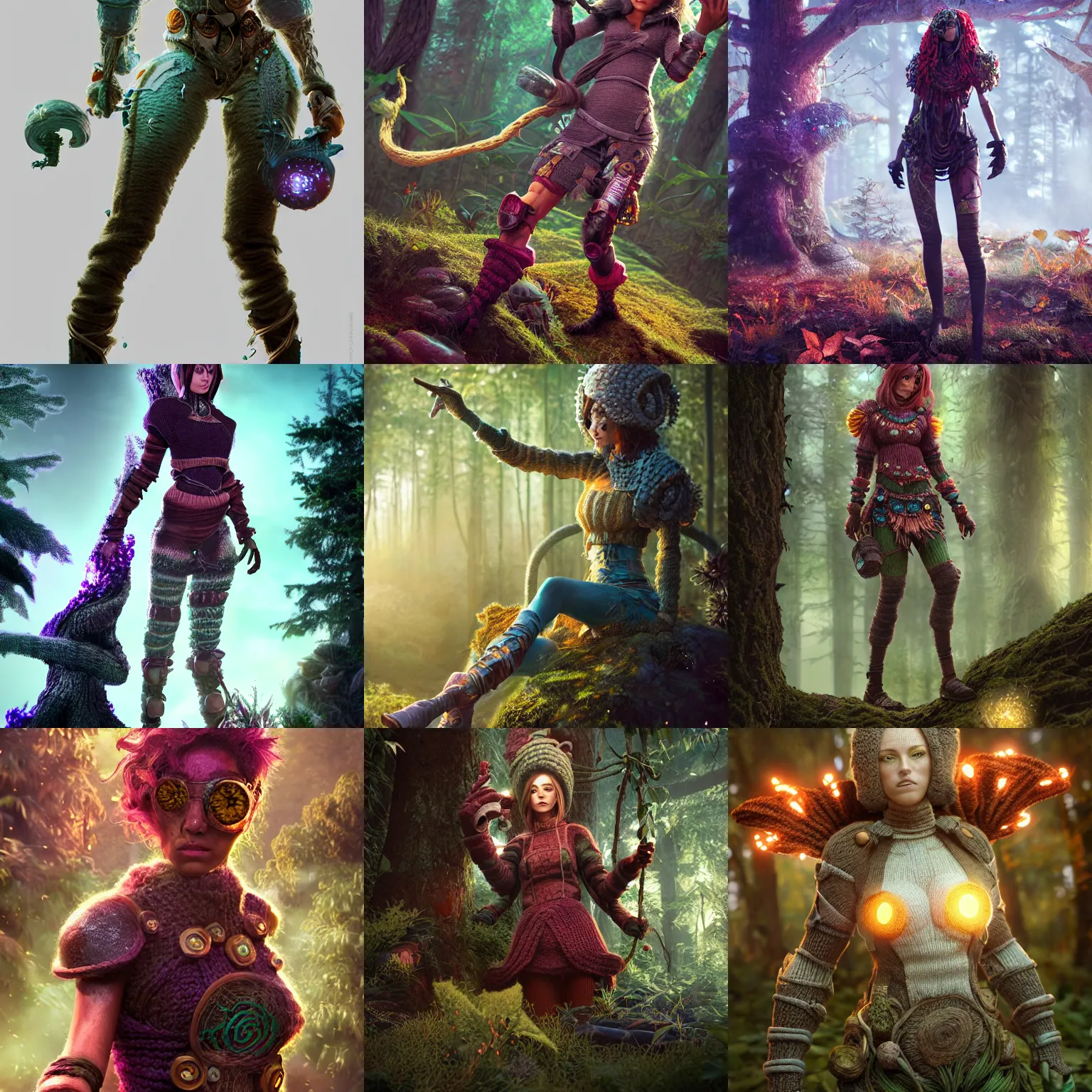 Prompt: knit female earth mage, high quality character design, action pose : : spotlight, magicpunk, biopunk, forestpunk, forest, mushrooms, high detail, 8 k, oled, shadows, reflections, digital art, official art, octane render, dynamic camera angle, dollpunk