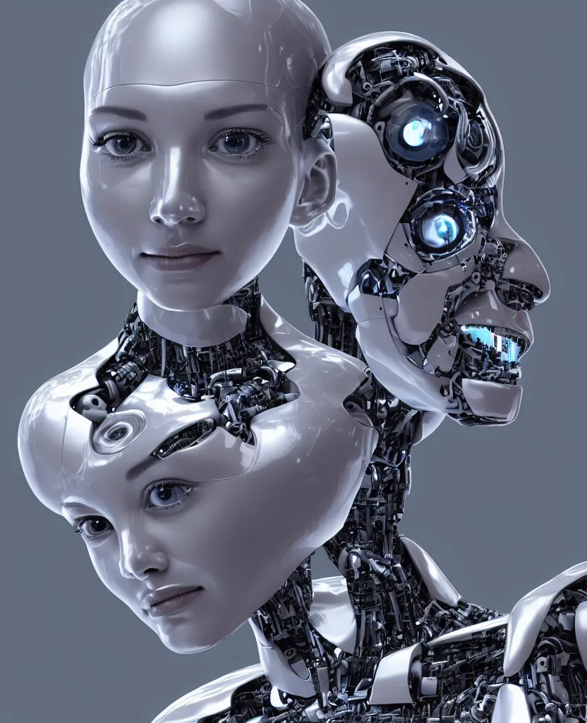 Image similar to close-up macro portrait of the face of a artificial intelligence robot girl of the future, epic angle and pose, symmetrical artwork, 3d with depth of field, blurred background, cybernetic machine female face, translucent, nautilus, energy flows of electric current, a highly detailed epic cinematic concept art CG render. made in Maya, Blender and Photoshop, octane render, excellent composition, cinematic dystopian brutalist atmosphere, dynamic dramatic cinematic lighting, aesthetic, very inspirational, arthouse, Greg Rutkowski, Ilya Kuvshinov, WLOP, Stanley Artgerm Lau, Ruan Jia and Fenghua Zhong