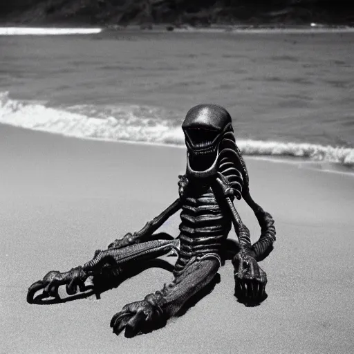 Prompt: a xenomorph on vacation lounging on the beach, 35mm film