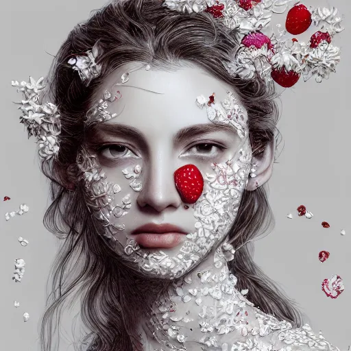 Image similar to the portrait of an absurdly beautiful, graceful, elegant, sophisticated, fashionable young woman made of strawberries and white petals with tears, an ultrafine hyperdetailed illustration by kim jung gi, irakli nadar, intricate linework, bright colors, octopath traveler, final fantasy, unreal engine 5 highly rendered, global illumination, radiant light, detailed and intricate environment