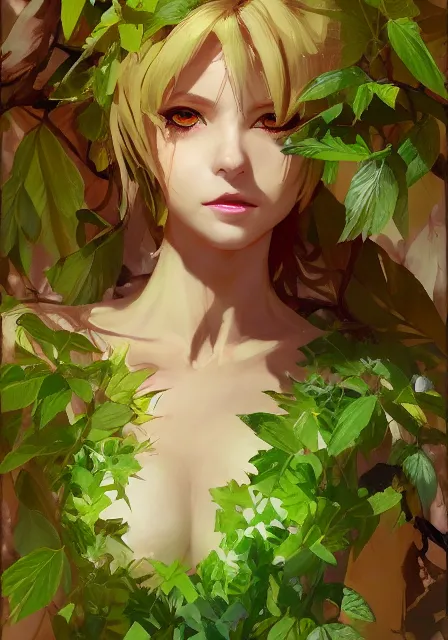 Prompt: greg manchess a realistic anime portrait of a beautiful dryad with glowing green eyes and tree bark skin wearing clothes made of leaves, digital painting, by stanley artgerm lau, sakimichan, wlop and rossdraws, digtial painting, trending on artstation