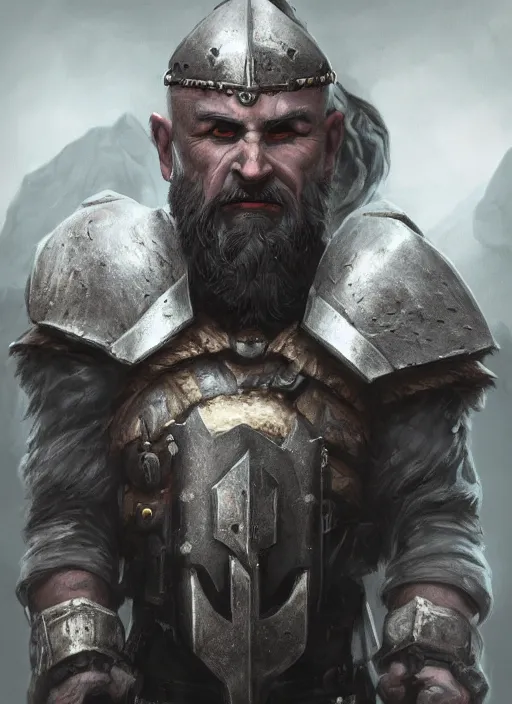 Image similar to A fantasy comic book style portrait painting of a gray dwarf with white eyes as a warrior in a atmospheric dark fortress, unreal 5, DAZ, hyperrealistic, octane render, RPG portrait, ambient light, dynamic lighting