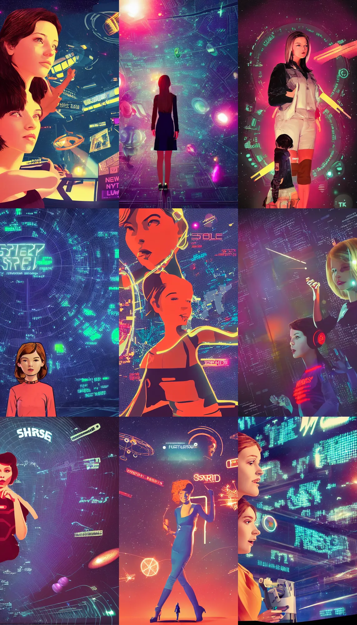 Prompt: hardmesh retro futurist screen shows girl telling news, with stockexchange bar and titles, in style of firefly movie, digital art by ilya kuvshinov and greg rutkovsky, intergalactic, space, stars and nebula, tv, bbc, 5 - channel, with anchor man and woman, cinematic