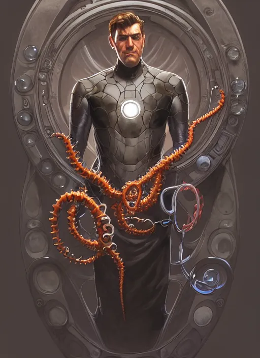 Image similar to Portrait of Doctor Octopus, D&D, fantasy, intricate, elegant, highly detailed, digital painting, artstation, concept art, smooth, sharp focus, illustration, art by artgerm and greg rutkowski and alphonse mucha