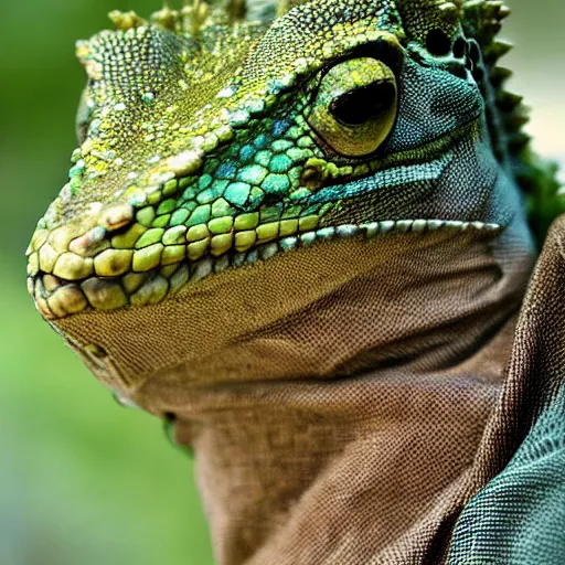 Prompt: medieval cloak wearing lizard, photograph captured in the woods