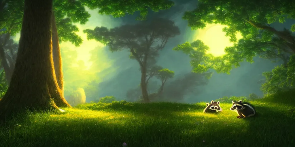 Image similar to raccoon, nature unique attractive, beautifully lit, by studio ghibli and albert bierstadt, 8 k volumetric lights unreal engine trending on art station