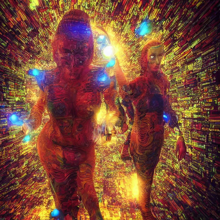 Image similar to octane render portrait by wayne barlow and carlo crivelli and glenn fabry, a strange psychedelic colorful 1 9 7 0's sci - fi action hero inside a futuristic prison cell, light beams, cinema 4 d, ray traced lighting, very short depth of field, bokeh