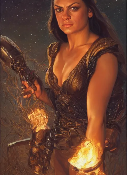 Image similar to portrait of a very muscled Mila Kunis as a heroine staring into the camera, torches and fireflies, artstation, intricate, elegant, highly detailed, art by Donato Giancola, Joseph Christian Leyendecker, WLOP, Boris Vallejo, Artgerm