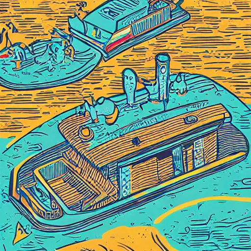 Prompt: isometric aerial view of the jungle cruise riverboat in a river, poster art, concept art, colorful, 2 d, flat style, nautical navigation map, minimalist modern art photo illustration ink drawing woodcut retro poster art