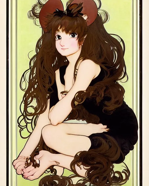 Image similar to A cute painting of a very very beautiful anime skinny squirrel-girl with curly brown colored hair and squirrel ears on top of her head wearing a cute black dress with small ribbon and black shoes looking at the viewer, elegant, delicate, soft lines, higly detailed, smooth , pixiv art, ArtStation, artgem, art by alphonse mucha Gil Elvgren and Greg rutkowski, high quality, digital illustration, concept art, very long shot