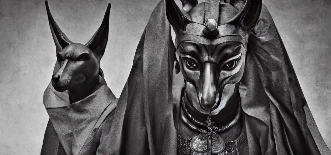 Image similar to displeased Anubis wearing a gilded robe, in the style of Lee Jeffries 8k