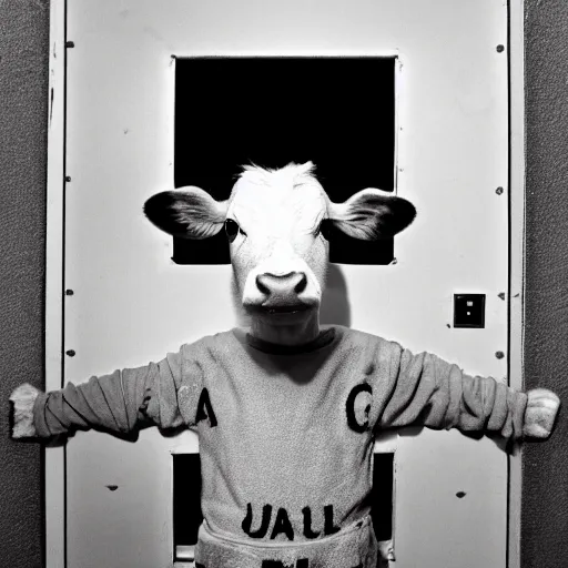 Image similar to mugshot of a cute calf dressed as an inmate inside a jailcell