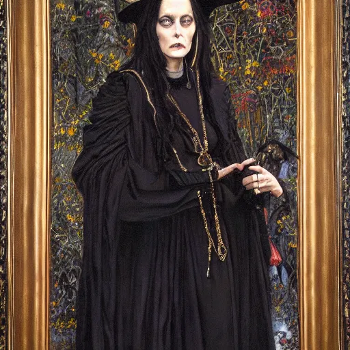 Image similar to a painting by donato giancola representing a witch dressed in black clothes embroidered with gold.