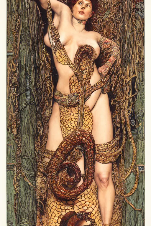 Image similar to full length portrait of serpent woman, by lawrence alma tadema and rick berry and norman rockwell and jason fabok and everett raymond kinstler