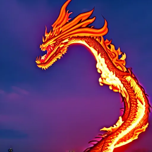 Prompt: hyperrealistic fire breathing dragon igniting the sky with its flames, 8 k.