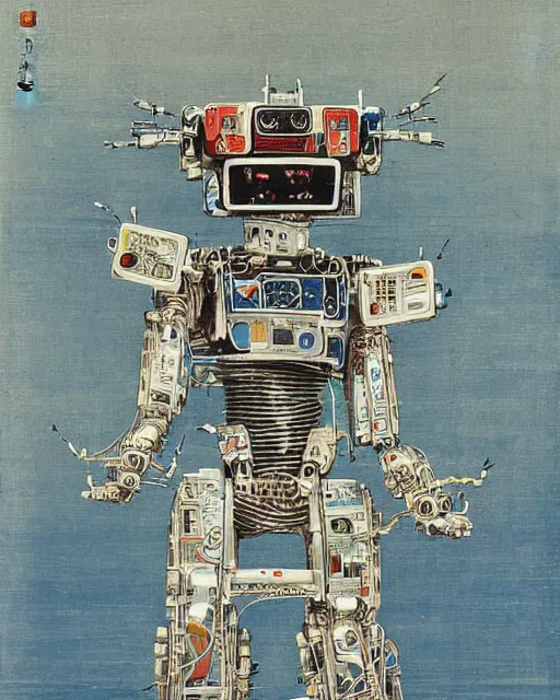 Image similar to Hiroshige portrait of a robot saint made of cables and robotic pod by John Berkey