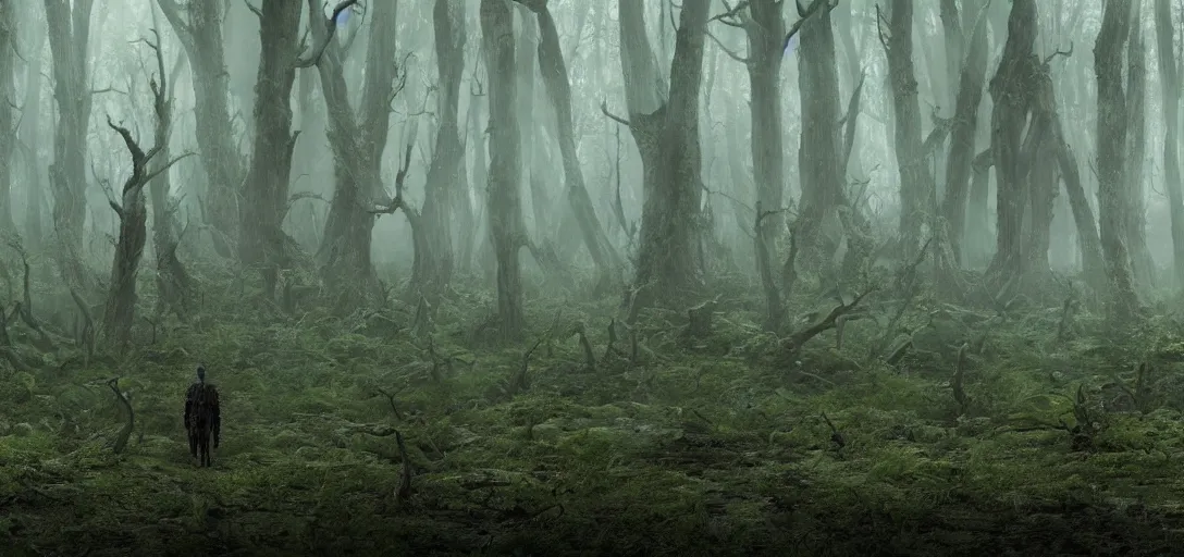 Image similar to a complex organic fractal 3 d metallic symbiotic ceramic humanoid megastructure eldritch horror creature in a swampy lush forest, foggy, cinematic shot, photo still from movie by denis villeneuve