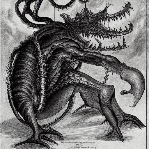 Image similar to bestiary of creatures from the depths of the unconscious psyche