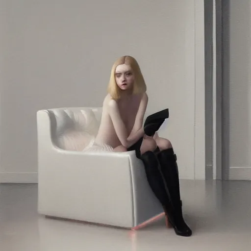 Image similar to Elle Fanning sitting on a white leather chair, head and shoulders portrait, stormy weather, extremely detailed masterpiece, oil on canvas, low-key neon lighting, artstation, Blade Runner 2049, Roger Deakin’s cinematography, by J. C. Leyendecker and Peter Paul Rubens and Edward Hopper and Michael Sowa,