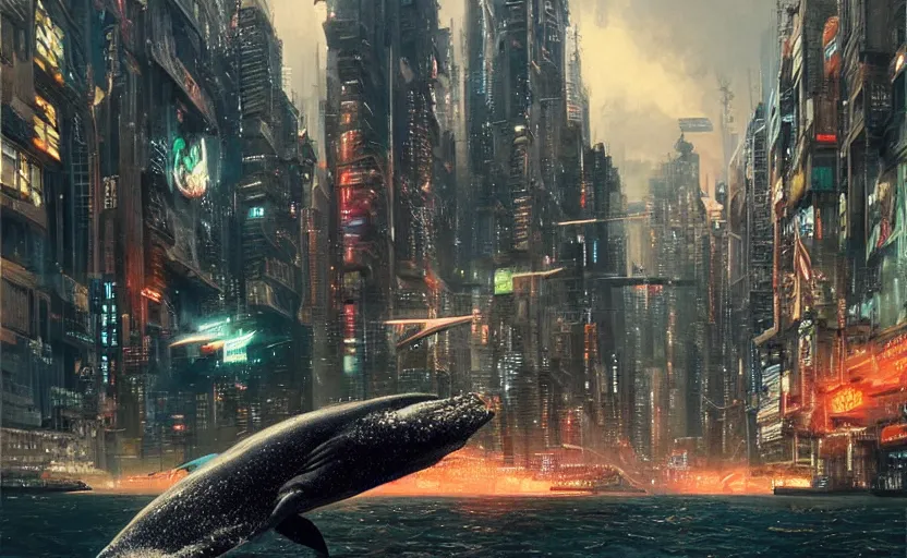 Image similar to cyberpunk whale attacking Newyork city ,digital art,ultra realistic,ultra detailed, ultra wide Lens, art by greg rutkowski