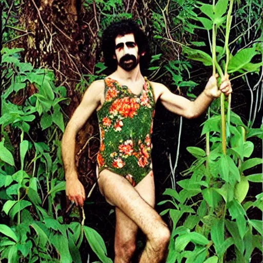 Prompt: young Frank Zappa as a forest druid wearing a floral leotard frolicking in the hooded forest of verdant turmeric roots, masculine, HSV