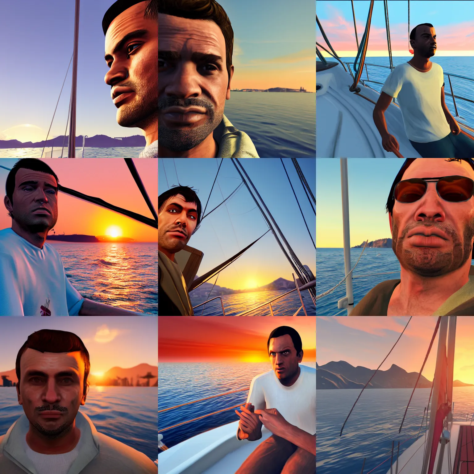 Prompt: 26 year old man on a sailing boat, close up, highly detailed, sunset, GTA V character