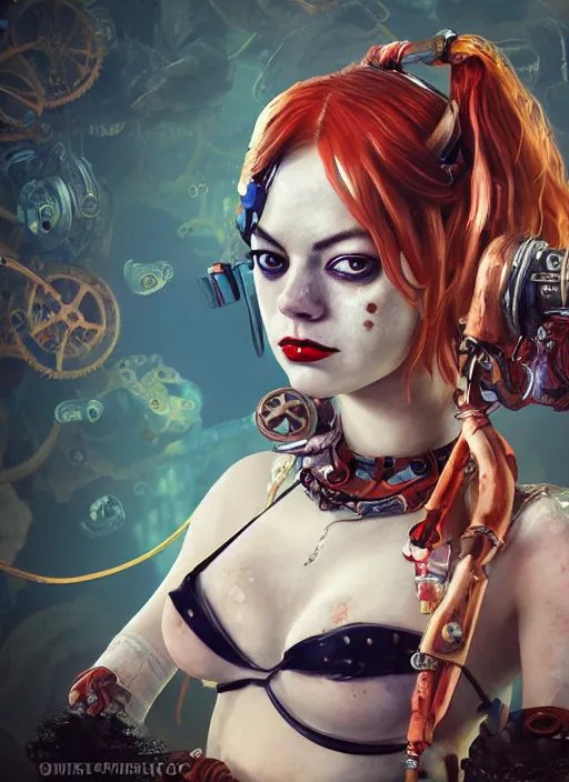 Image similar to underwater steampunk portrait of emma stone as harley quinn, hyper detailed, digital art, cinematic lighting, studio quality, smooth render, unreal engine 5, octane rendered, art style by klimt and nixeu and ian sprigger and krenz cushart.