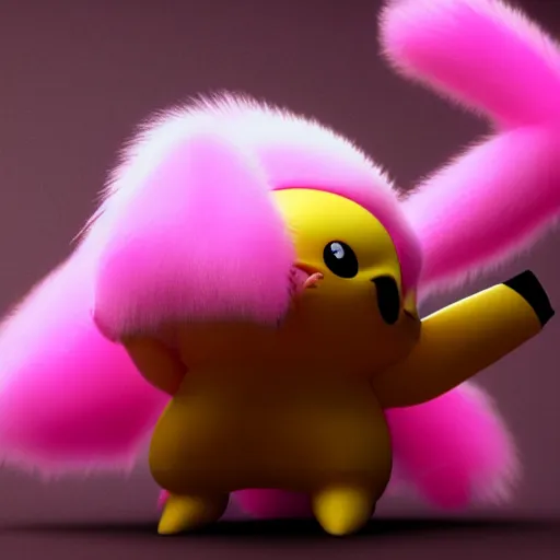 Image similar to extremly detailed pikachu with pink fluffy fur, photorealistic, high details, 8 k, sharp focus, octane render, volumetric light