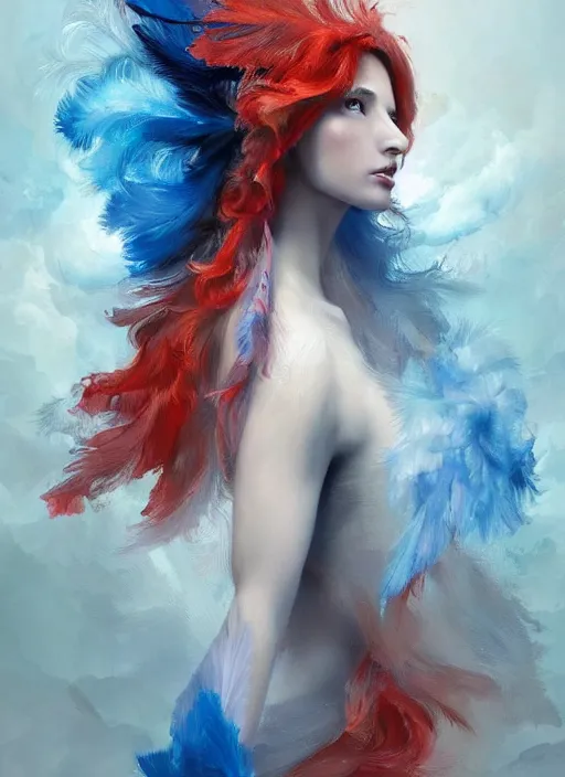 Prompt: a painting of a woman who made of curly and transparent feathers and cloud with red edges is holding a sword, a digital painting by charlie bowater, made of many translucent layers of blue feathers and cloud, metaphysical painting, speedpainting, digital painting, holographic undertones, highly saturated colors, 4 k, digital art, concept art, trending on artstation