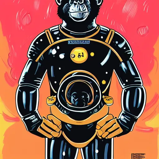 Image similar to portrait of a straight forward looking Chimpanzee in black spacesuit with golden elements, by Skottie Young and WLOP