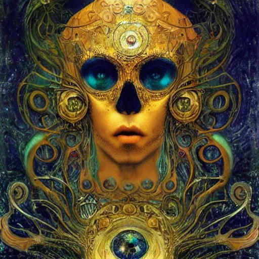 Image similar to Memento Mori by Karol Bak, Jean Deville, Gustav Klimt, and Vincent Van Gogh, beautiful visionary mystical portrait, otherworldly, fractal structures, ornate gilded medieval icon, third eye, spirals, jeweled religious relic saint skull