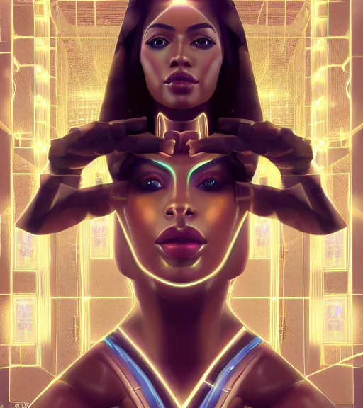 Image similar to symmetry!! egyptian princess of technology, solid cube of light, hard edges, product render retro - futuristic poster scifi, lasers and neon circuits, beautiful brown skin woman egyptian princess, intricate, elegant, highly detailed, digital painting, artstation, concept art, smooth, sharp focus, illustration, dreamlike, art by artgerm