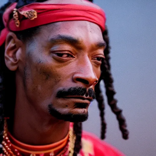 Image similar to cinematic film still of Snoop Dogg starring as a Samurai holding fire, Japanese CGI, VFX, 2022, 40mm lens, shallow depth of field, film photography