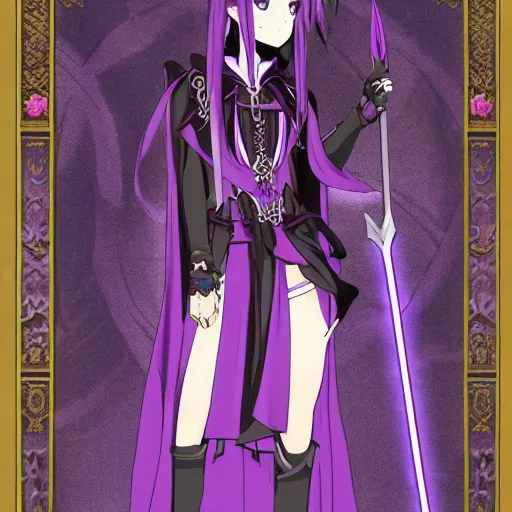 Image similar to an attractive anime female necromancer mage symmetrical, donned in black cloak with purple staff full body in frame