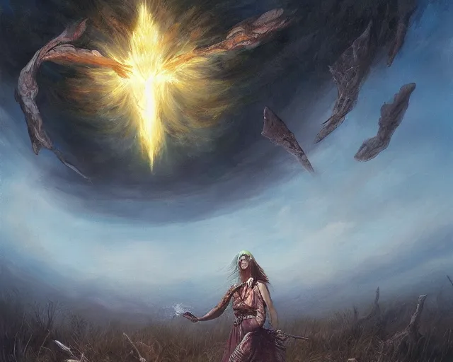 Image similar to sorceress casting powerful meteor spell in the plains. highly detailed painting by seb mckinnon 8 k