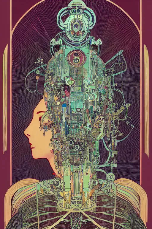 Image similar to queen of the robots by greg rutowski , victo ngai , alphonse mucha